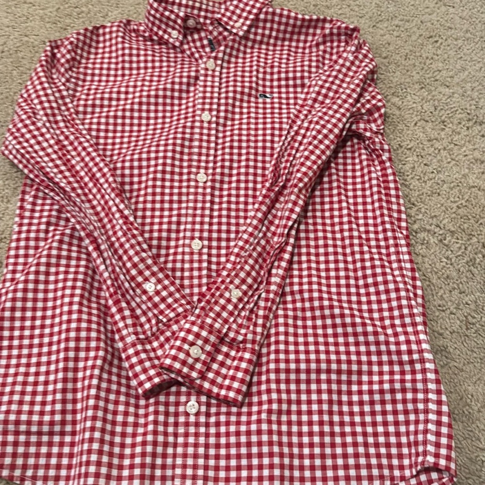 Boys red and white gingham Whale Shirt Size M (12/14)
